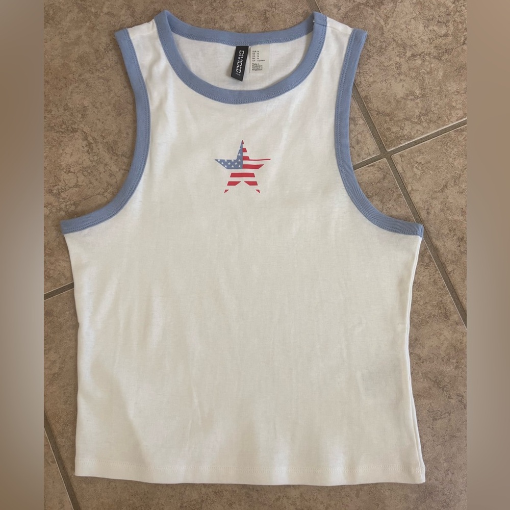 H&M Cropped White Tank Top with Blue Trim and Star Design *NEVER WORN*